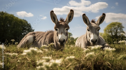 Donkeys sitting on the ground in a meadow with trees and clouds