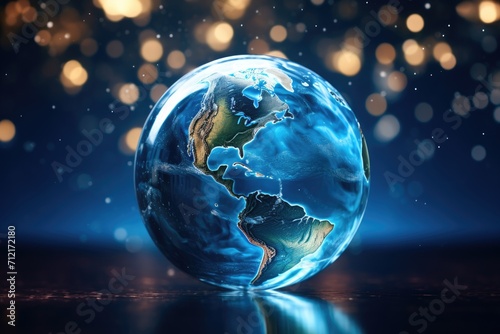 An earth globe on a wooden surface with a bokeh background