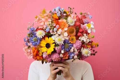 Woman with flowers, a girl hiding behind a bunch of flowers © Neda Asyasi