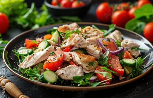 chicken salad on table with vegetables