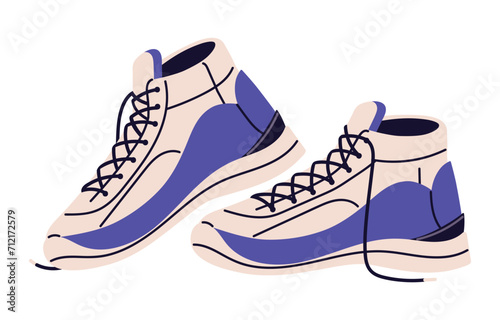 Fashion high top sneakers. Basketball boots side view. Modern trainers pair. Running footwear, sport shoes in casual style. Urban sportswear. Flat isolated vector illustration on white background