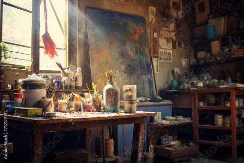 Artistic equipment in a artist studio. Artist canvas on wooden easel and paint brushes. photo