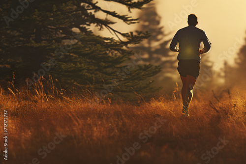 man running in the wilderness  in the style of photorealistic detail  bokeh  shaped canvas  photo taken with provia  golden light  forestpunk  konica auto s3   