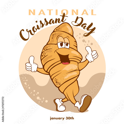 happy croissant day. hand drawn illustration. cartoon character vector illustration for web banner, print, greeting card, poster, logo, flyer.