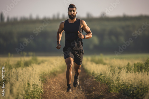 indian professional runner jogging across a field, in the style of stylish, black and gray, sigma 105mm f/1.4 dg hsm art, utilizes, composed, installation-based, subtle


 photo