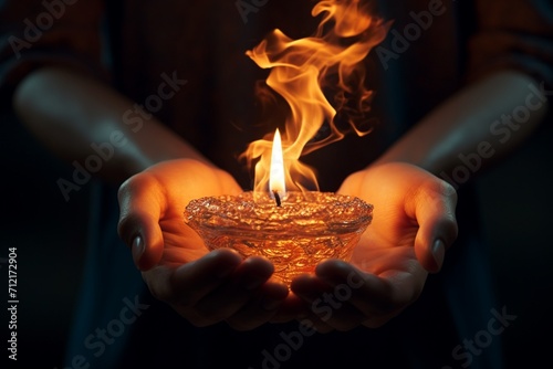 Candle ignited by hand, glowing flame illuminates spirituality