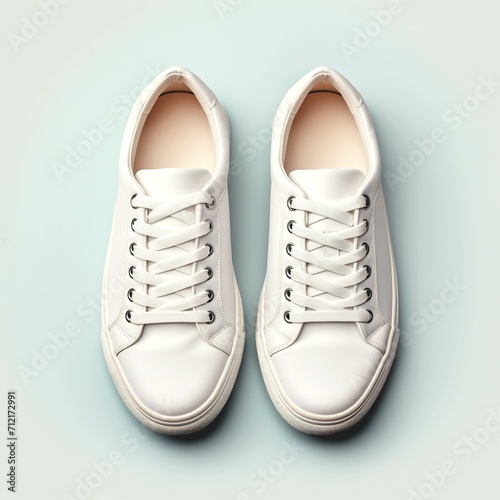 Mockup photo of white sneakers with top view on green pastel background