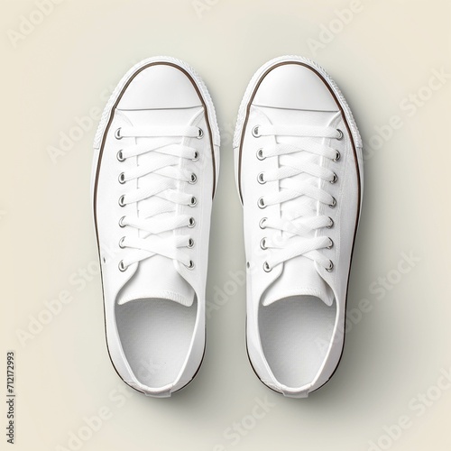 Mockup photo of white sneakers with top view on beige background