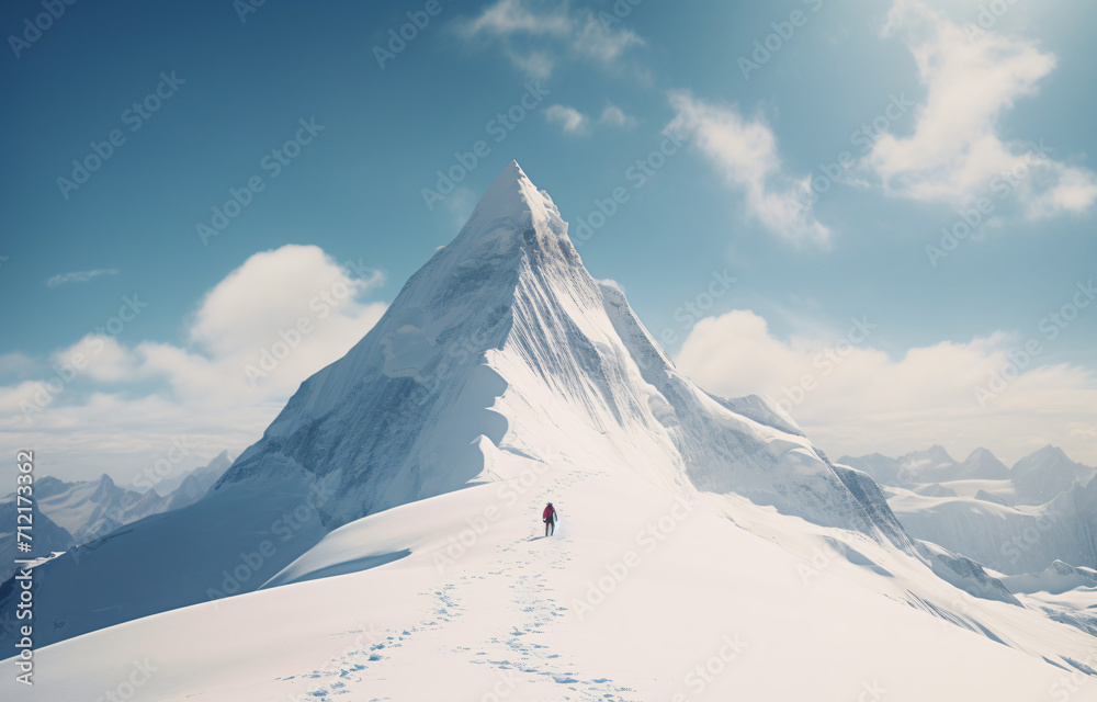 a person walking on the snow on the mountains, in the style of photo-realistic landscapes, historical, classical landscapes


