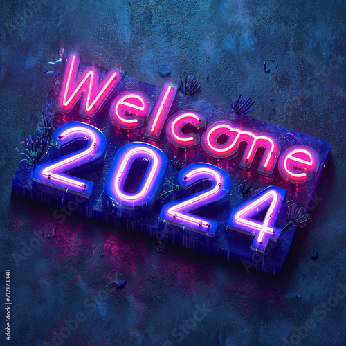 Neon ‘Welcome 2024’ sign glows in vibrant pink and blue hues against a dark wall. photo