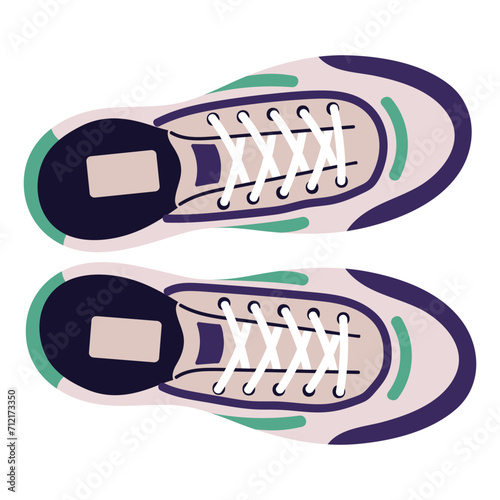 Urban sneakers with laces top view. Unisex sport shoes pair for walking. Fashion footwear model. Stylish trainers, fitness boots in street style. Flat isolated vector illustration on white background