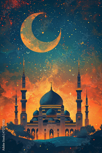 A majestic mosque under a crescent moon amidst a starry, twilight sky photo
