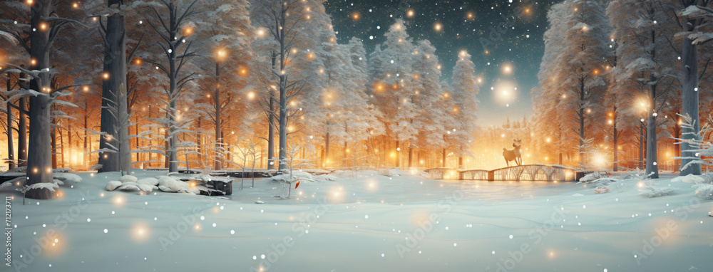 a forest in the winter time with lots of snow falling, in the style of light orange and cyan, photorealistic rendering, light beige and gold, selective focus, cabincore