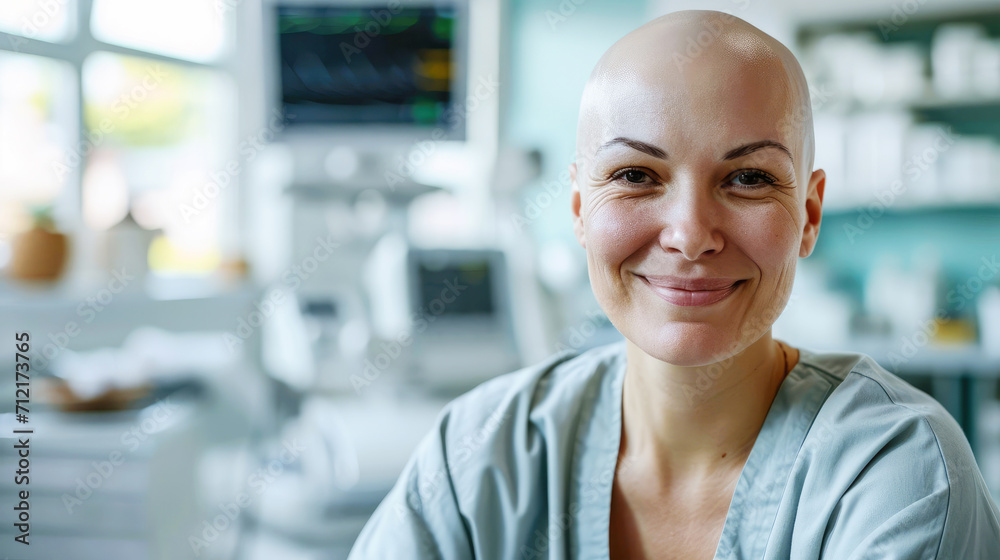 Fototapeta premium smiling bald middle-aged woman in doctor's office, oncology treatment, copy space