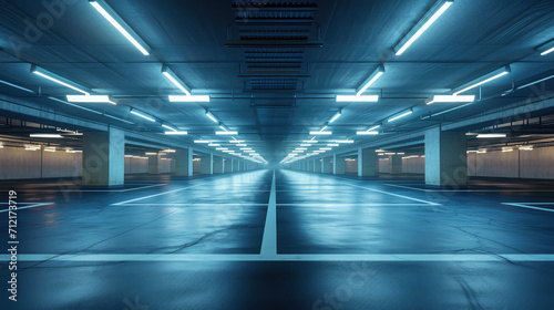 empty modern underground parking in gray and blue colors