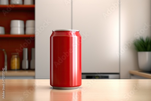 Vibrant Red Soda Can Mockup on Wooden Kitchen Table.