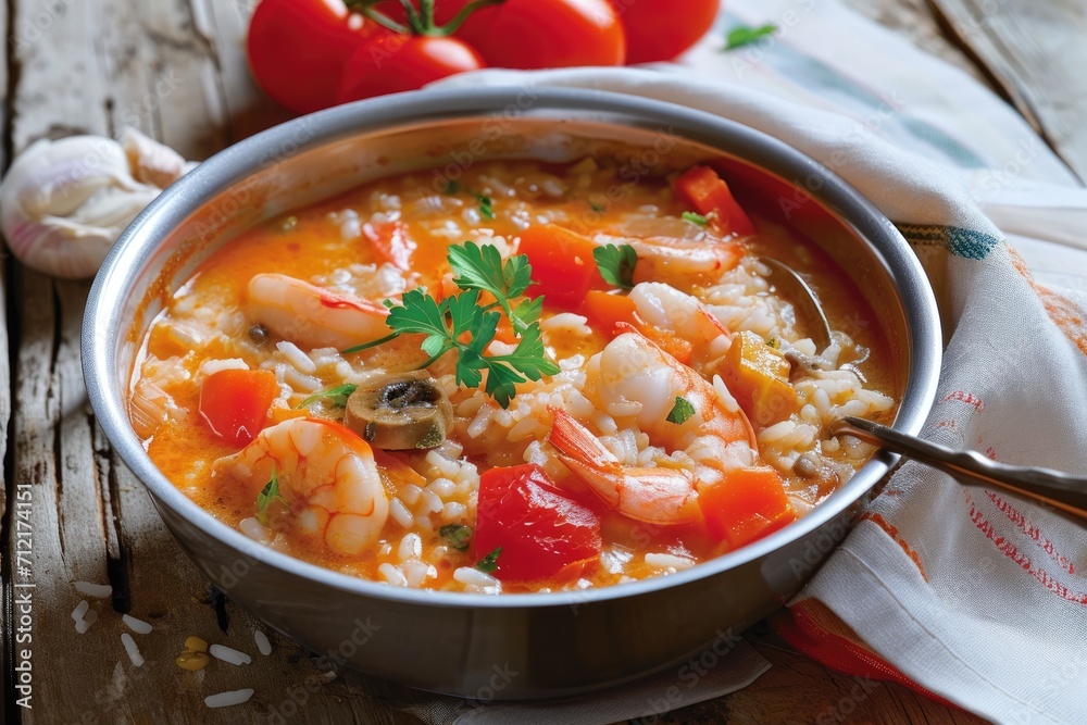 Experience Culinary Excellence: Dive into a Bowl of Seafood Rice, Where Tender Shrimp, Fragrant Coriander, and Flavorful Tomato Broth Come Together in Perfect Harmony.