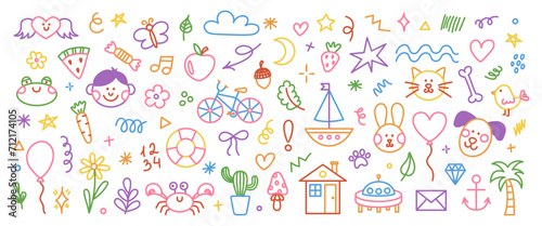 Cute hand drawn doodle set of simple kids decorative elements. Colorful collection of scribble, animal, flower, sun, cloud. Vector illustration