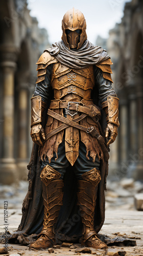 A detailed armored knight costume with a metallic helmet and leather gear