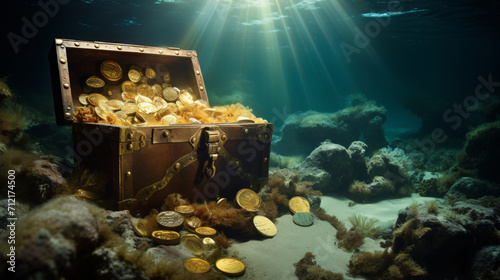 Reassure Chest box full of gold coins under water
