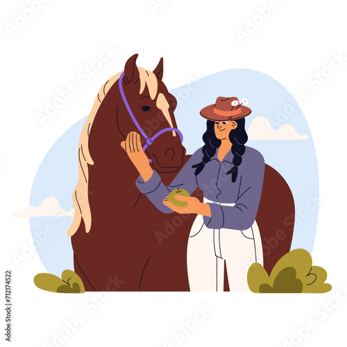 Woman feeds horse by apple. Stable worker cares about pet. Owner loves her mare. Domestic animal eating on ranch. Rural lifestyle on equine farm. Flat isolated vector illustration on white background