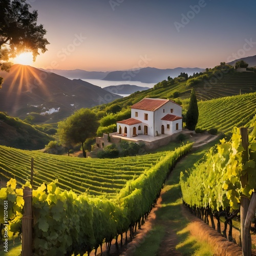 house in vineyard in region country, sunset