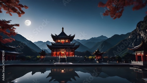chinese temple at night with  beautiful moon view 