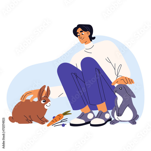 Petting zoo worker cares about cute bunnies. Guy feeds fluffy hares. Young man pets funny rabbits. Pet lover plays with small domestic animals. Flat isolated vector illustration on white background