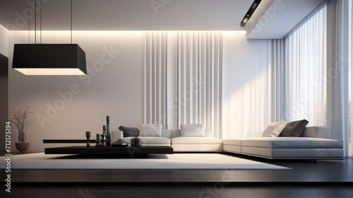 Luxurious open plan livingroom and kitchen interior design in modern contemporary style black and grey colour.