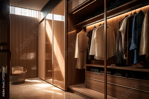 Modern luxury style warm wood walk in closet, minimal walk in wardrobe dressing room interior. photo