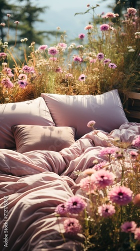 Pillows and Comforter Surrounded by Cosmos Flowers