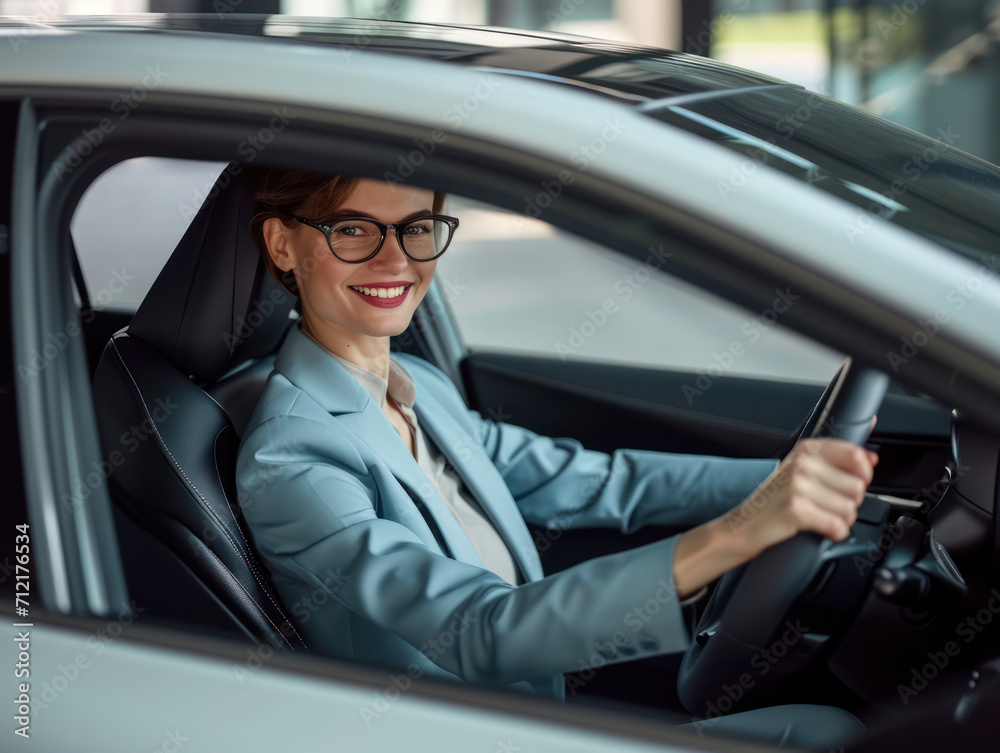 a happy stylish short-haired woman in light blue suit is driving white car. Portrait of happy female driver steering car with safety belt. a happy stylish short-haired woman in light blue suit is driving white car. Portrait of happy female driver steering car with safety belt.