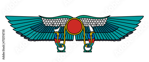 Winged Sun of Thebes. Solar symbol of divinity, royalty and power in Ancient Egypt, a winged sun disc flanked on either side with an uraeus, a rearing cobra. Probably ancient representation of Nibiru.