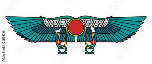 Winged Sun of Thebes. Solar symbol of divinity, royalty and power in Ancient Egypt, a winged sun disc flanked on either side with an uraeus, a rearing cobra. Probably ancient representation of Nibiru.