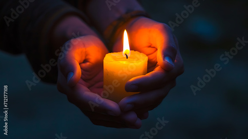 Burning candles in the hands of a woman on a dark background. Religious concept. Woman holding a large candle 