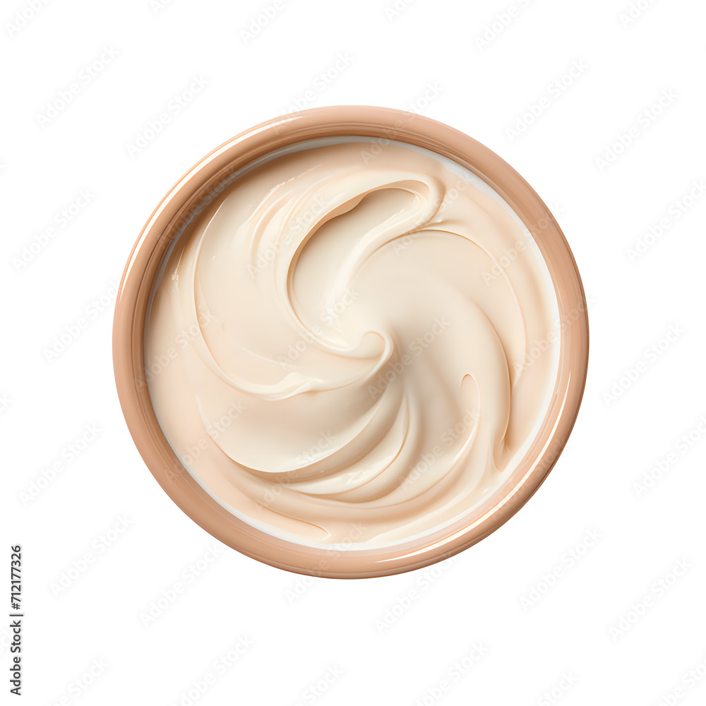 Sour cream in a brown clay bowl isolated on a png background. Top view with copy space. Sour cream in a brown clay bowl isolated on a png background. Top view with copy space.