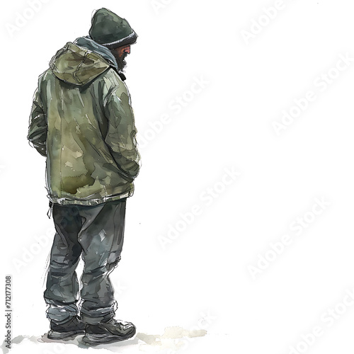 illustration of a man standing back sad about his family, isolated on a white background 