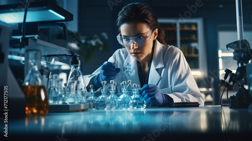 Serious concentrated female microbiologist in sterile photo