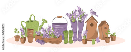 Gardening, growing plants, agricultural tools. Hello spring garden.  Vector illustration.