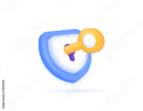 Open the security system. unlock protection. Use the key to open the shield. keys and shield. 3D symbols and icons. minimalist 3D concept design. graphic elements. Vector