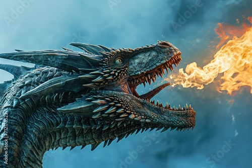 Unleash the Power of Fantasy: Behold the Majestic Head of a Mythical Dragon Breathing Fire in a Stunning Display of Mythological Majesty.