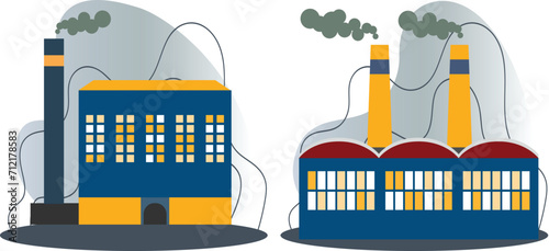 Industrial landscape with smokestacks. This cartoon illustration shows two blue factory buildings with smokestacks and pipes.