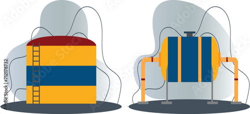 Industrial landscape with smokestacks. This cartoon illustration shows two blue factory buildings with smokestacks and pipes.