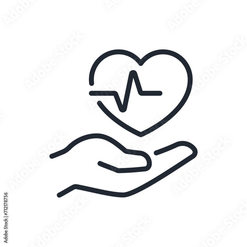 Heart beat concept. Hand holding a heart editable stroke outline icon isolated on white background flat vector illustration. Pixel perfect. 64 x 64.