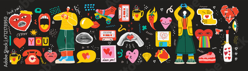 Set of stickers with halftone collage in contemporary punk grunge retro style for Valentine's day isolated on the background. Vector pictures of couple in love, hearts, lips and other