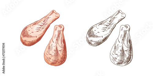 Organic food. Hand-drawn colored and monochrome vector sketches of chicken legs, food, meat. Doodle vintage illustration. Decorations for the menu of cafes and labels. Engraved image.