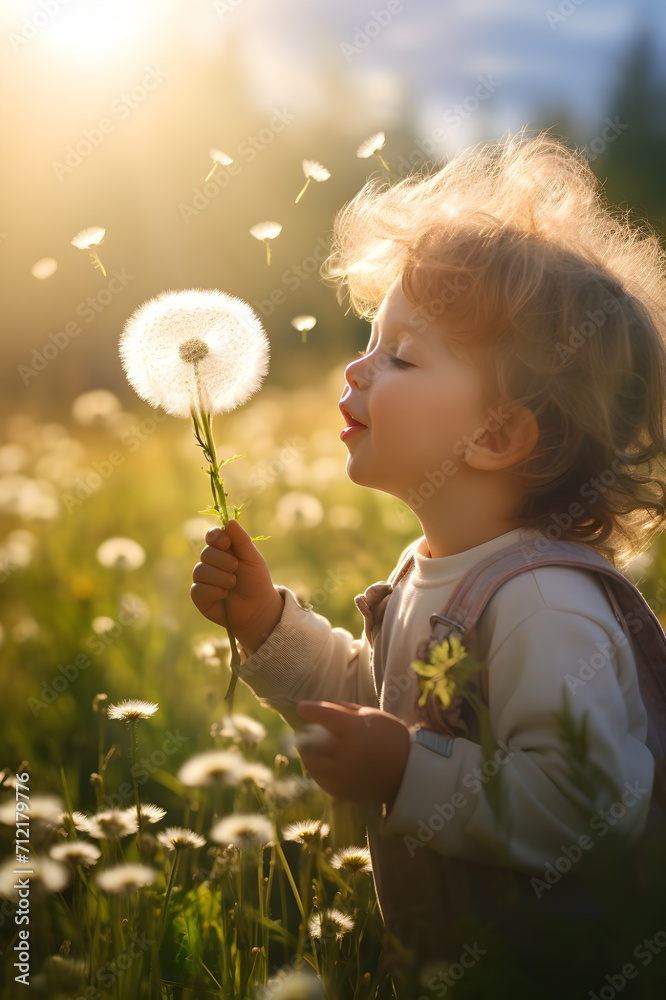 Child blowing dandeline in a meadow full of spring flowers and grass. Concept of happiness, freedom and relaxation. Child blowing dandeline in a meadow full of spring flowers and grass. Concept of happiness, freedom and relaxation.
