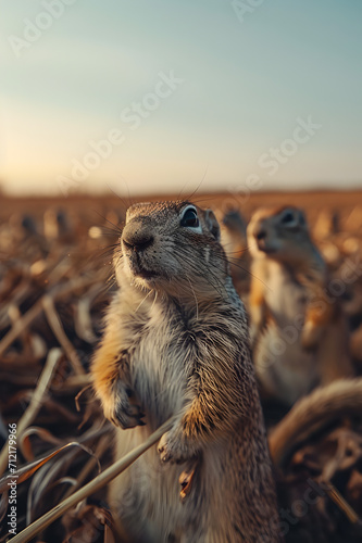 Group of ground squirrels in the harvested field in summer evening with setting sun.
