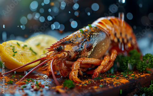 A styled lobster on a wooden surface with herbs and citrus garnishing, AI generated © Rajesh