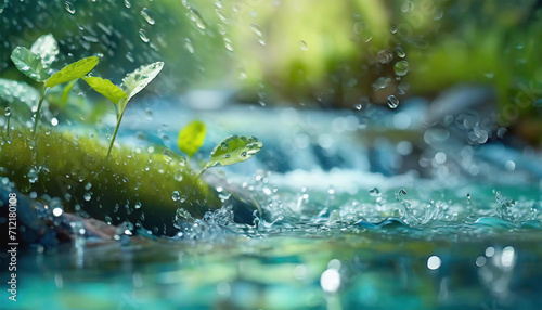 Gorgeous close-up view of a spring stream with vibrant green plants. Horizontal banner capturing the essence of spring. Abstract backdrop depicting the beauty of the outdoors in the wild photo